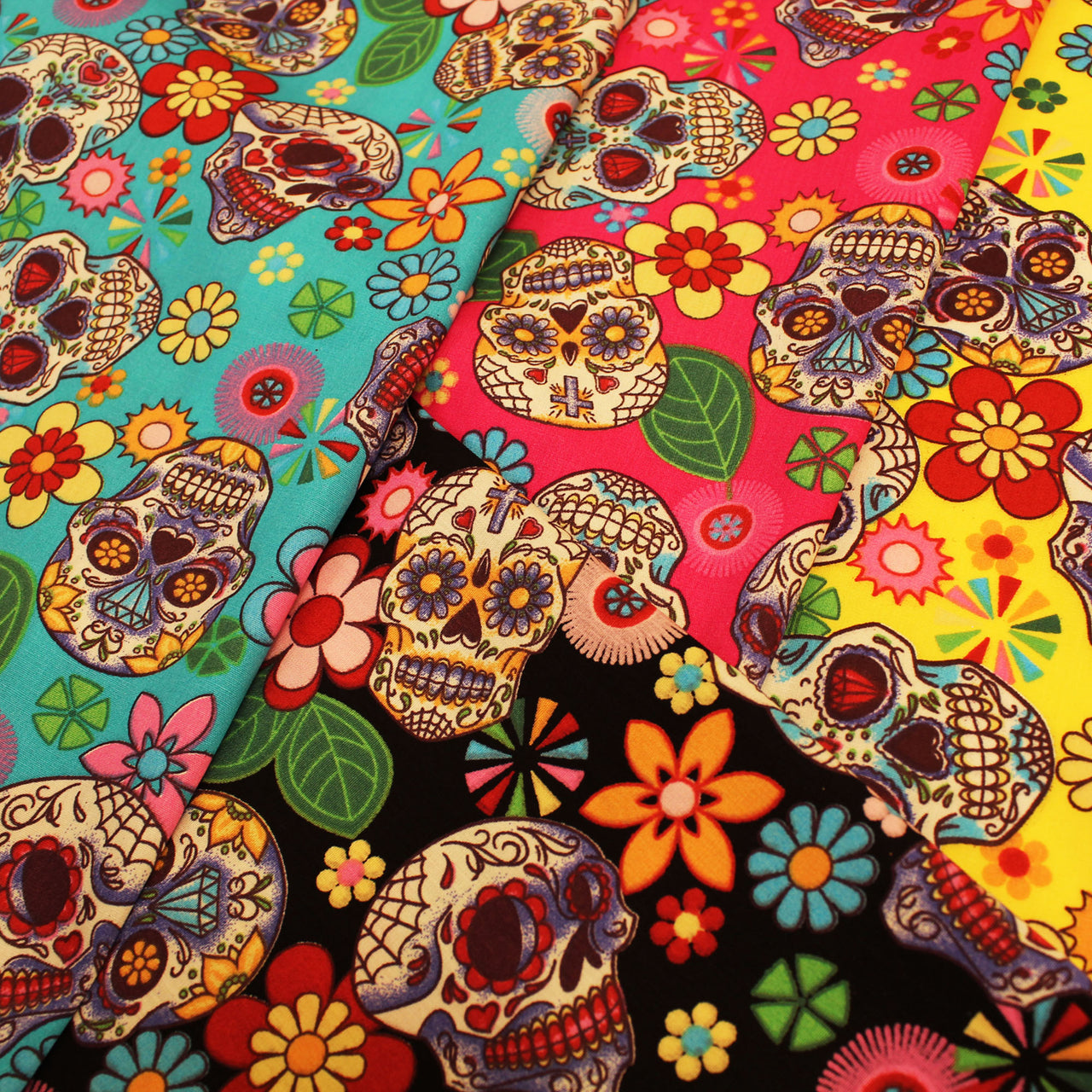 100% Cotton Poplin Fabric with Sugar Skulls - Mexican Day of the Dead - Halloween