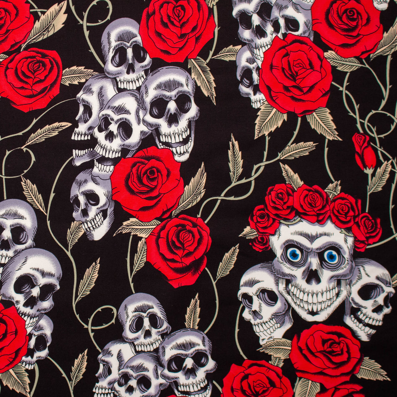 Bonehead Skulls with Red Roses & Blue Eyes Cotton fabric - Rose & Hubble Design