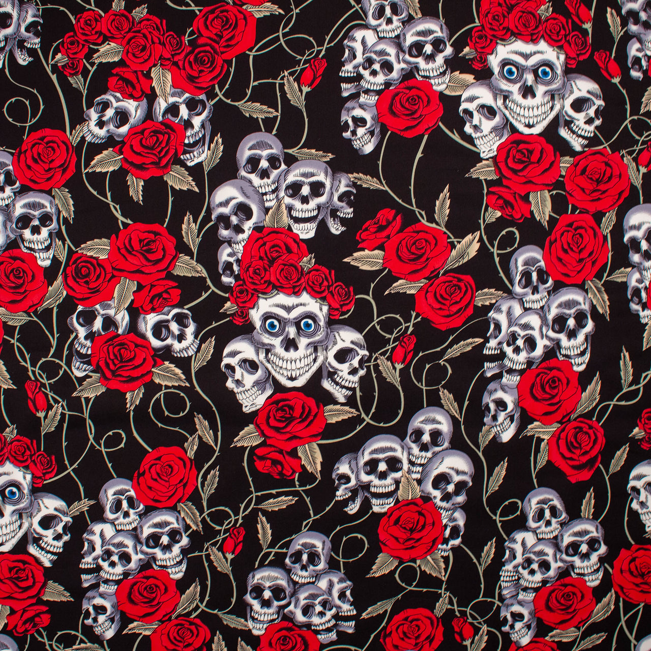 Bonehead Skulls with Red Roses & Blue Eyes Cotton fabric - Rose & Hubble Design
